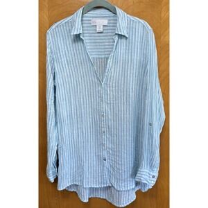 C&C California Womens100% Linen Button Up Shirt‎ Tunic Blue White  Abalone Sz M